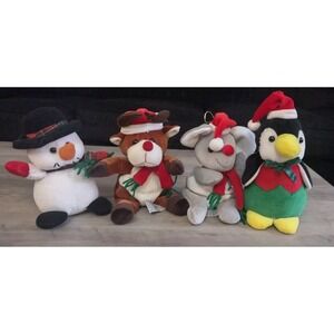 Set Of 4 Vintage Chrisha Playful Plush 1988 Snowman Penguin Mouse Reindeer